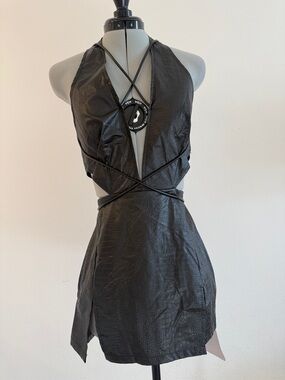 EGO Faux Leather Croc Halter Mini Dress Wrap Tie Backless Night Out M/6 NWT